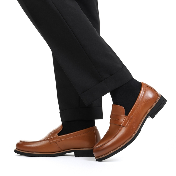Men's Smooth PU Leather Penny Loafers - BROWN - 6